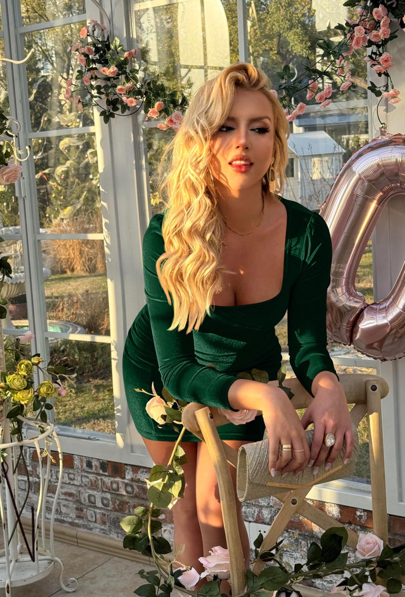 GOBLES Womens Sexy Long Sleeve Bodycon Elegant Mini Party Dress Dark Green - Image 4